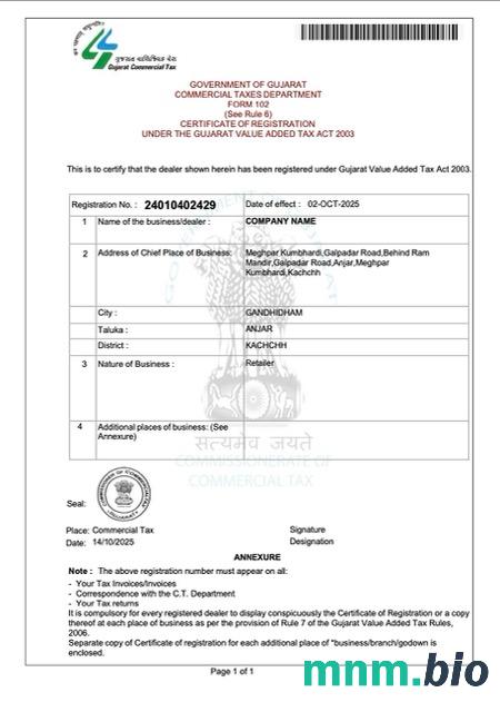 Indie Kachchh certyfikat rejestracji VAT Word i PDF szablon